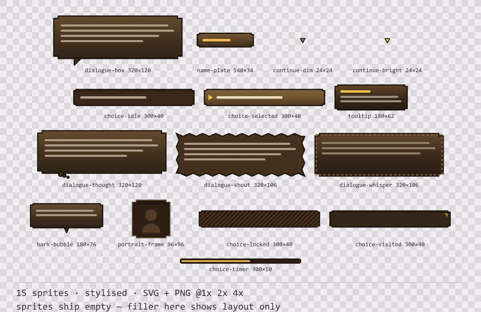 Sheet showing 15 stylised dialogue components from the Oak family, arranged on a transparency checkerboard with their pixel sizes printed underneath