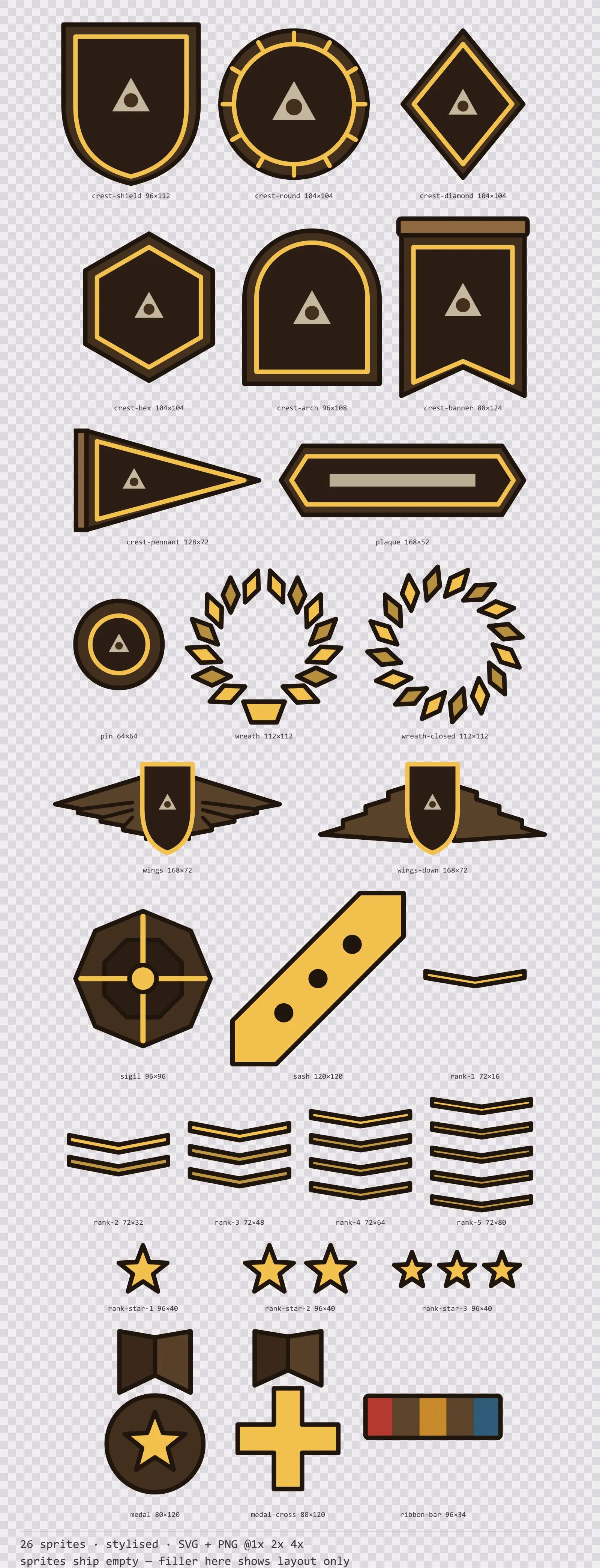 Sheet showing 26 stylised crests, insignia and rank marks from the Oak family, arranged on a transparency checkerboard with their pixel sizes printed underneath