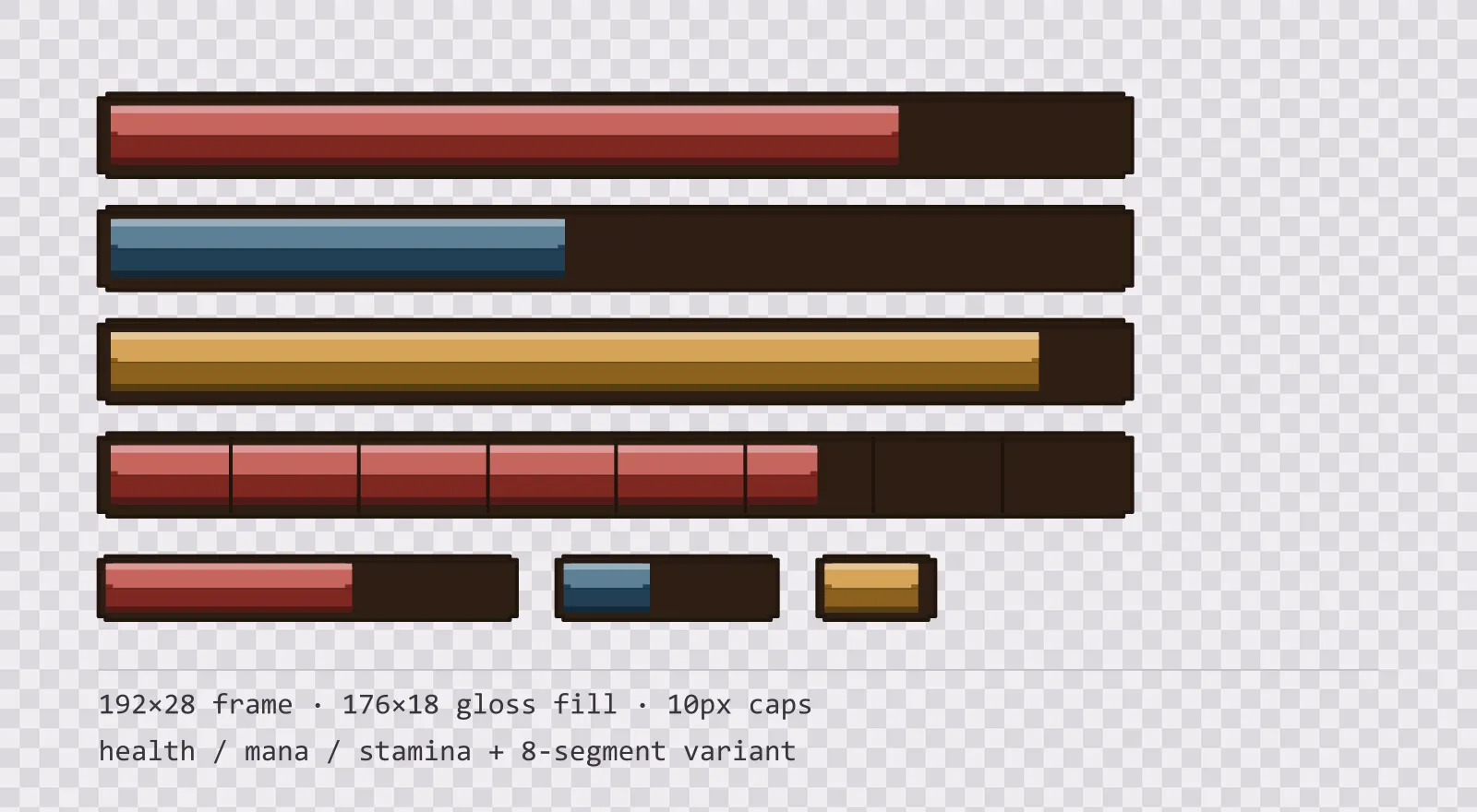Three horizontal game status bars stacked on a checkerboard background, filled to different levels for health, mana and stamina, with a segmented 8-notch bar and three smaller bars beneath them