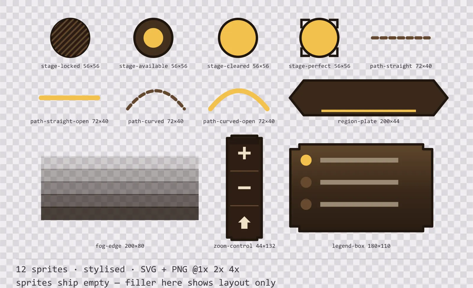 Sheet showing 12 stylised level select and world map pieces from the Oak family, arranged on a transparency checkerboard with their pixel sizes printed underneath