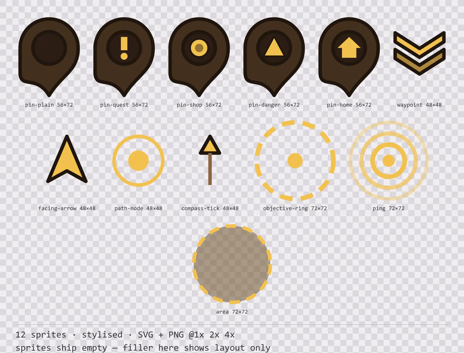 Sheet showing 12 stylised map markers and world indicators from the Oak family, arranged on a transparency checkerboard with their pixel sizes printed underneath