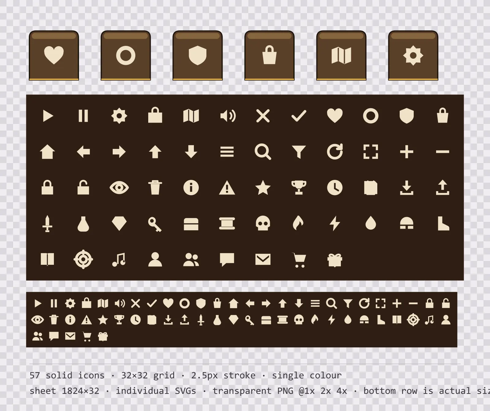 57 solid game menu icons on warm oak tiles, shown large, laid out on a sheet grid, and again at actual 32 pixel size
