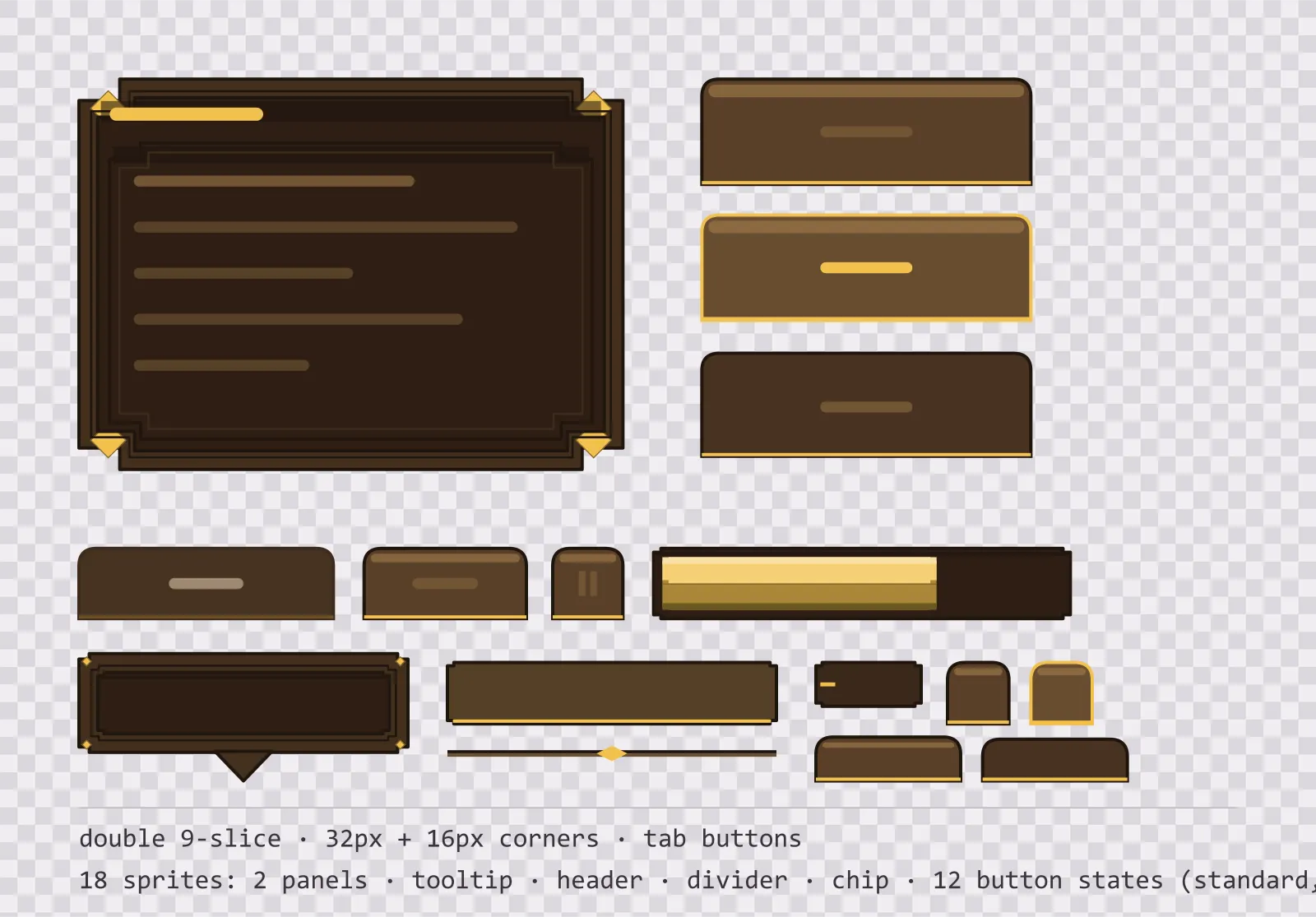warm oak game menu panel with a polished brass title strip and a recessed list area, next to a column showing the same tab button in default, outlined hover and pushed-in pressed states