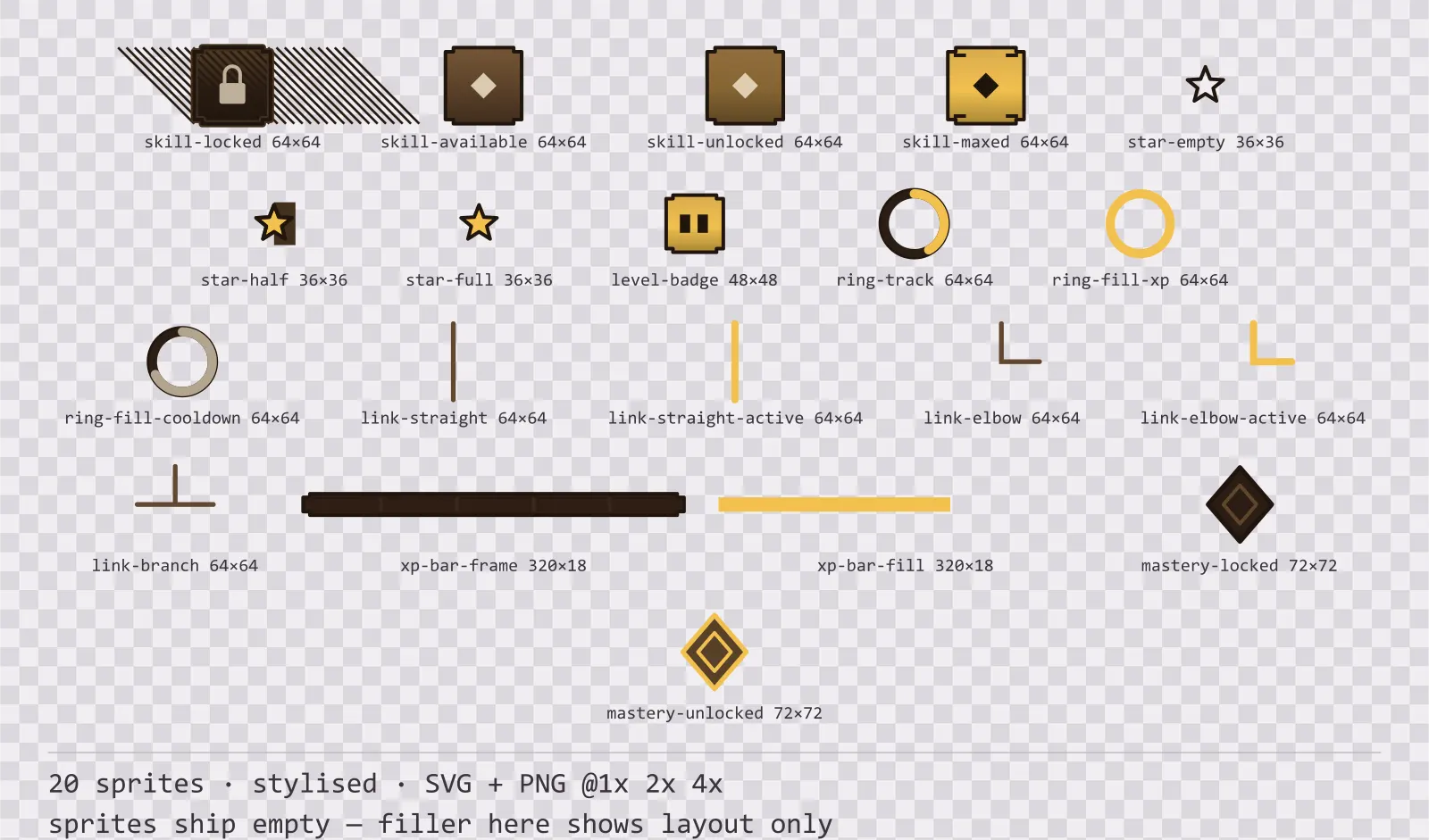 Sheet showing 20 stylised progression and reward components from the Oak family, arranged on a transparency checkerboard with their pixel sizes printed underneath
