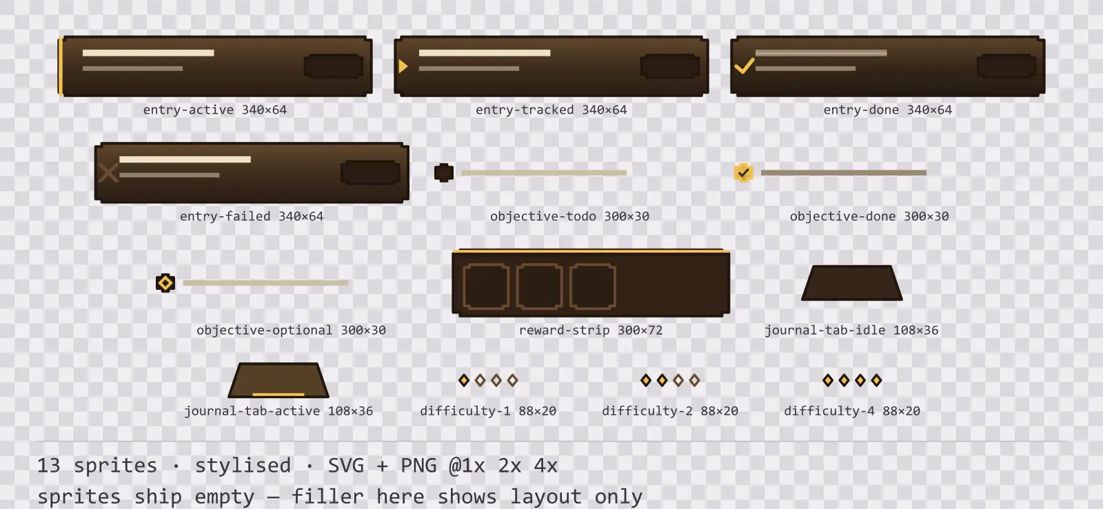Sheet showing 13 stylised quest log and objective widgets from the Oak family, arranged on a transparency checkerboard with their pixel sizes printed underneath
