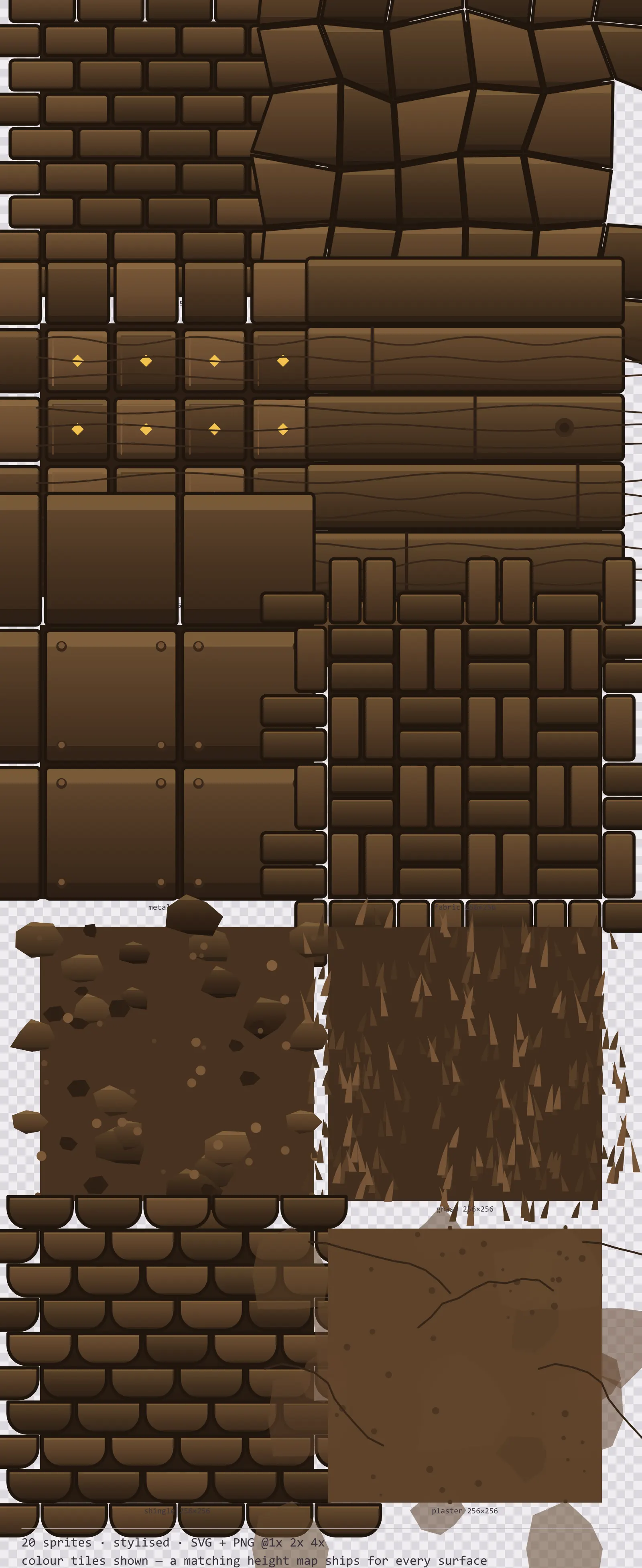 Sheet showing 20 stylised tiling surface textures from the Oak family, arranged on a transparency checkerboard with their pixel sizes printed underneath