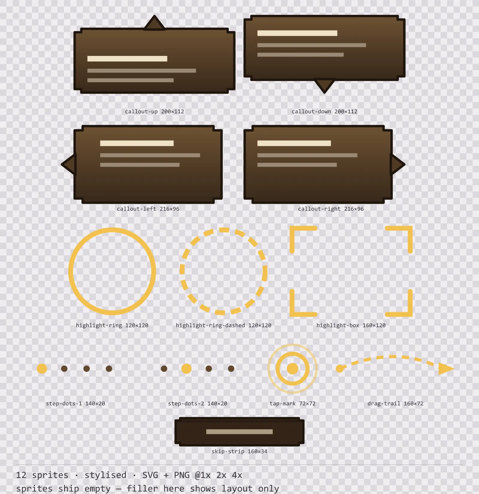 Sheet showing 12 stylised tutorial and onboarding markers from the Oak family, arranged on a transparency checkerboard with their pixel sizes printed underneath