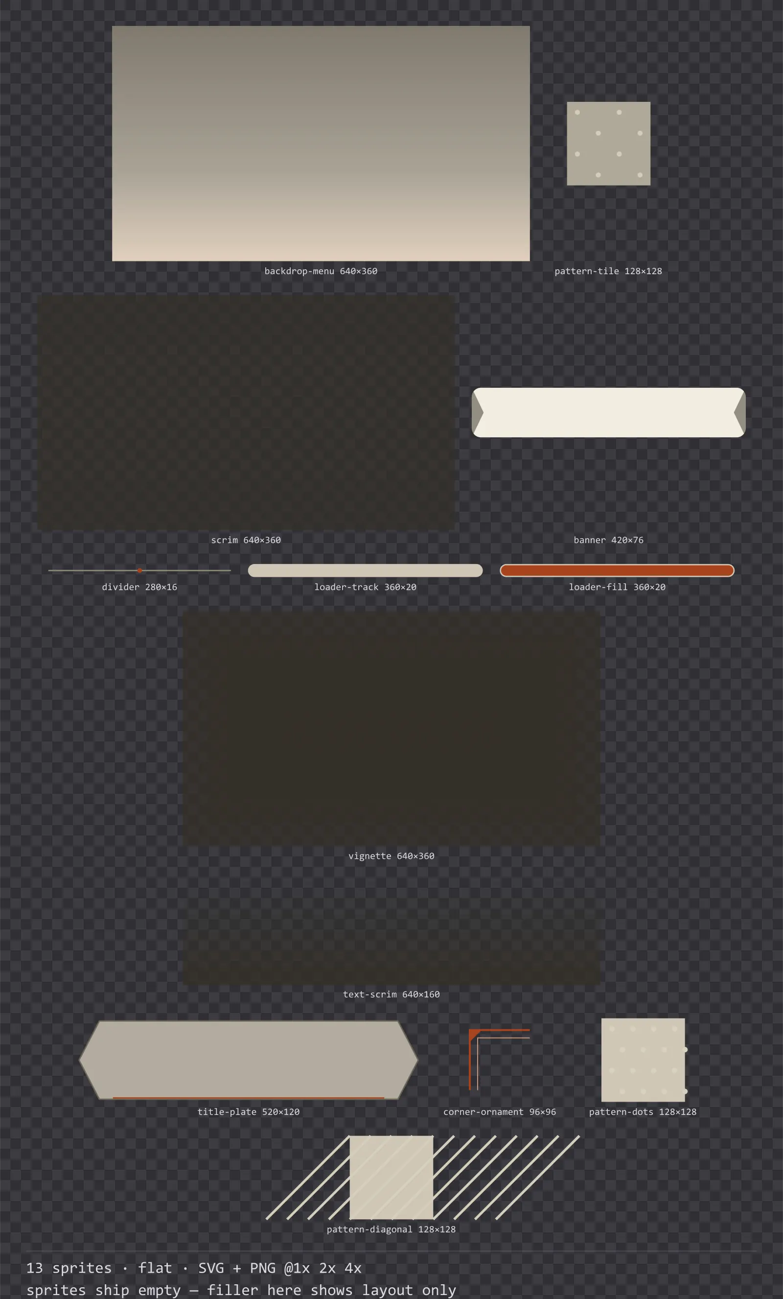 Sheet showing 13 flat background and overlay pieces from the Paper family, arranged on a transparency checkerboard with their pixel sizes printed underneath