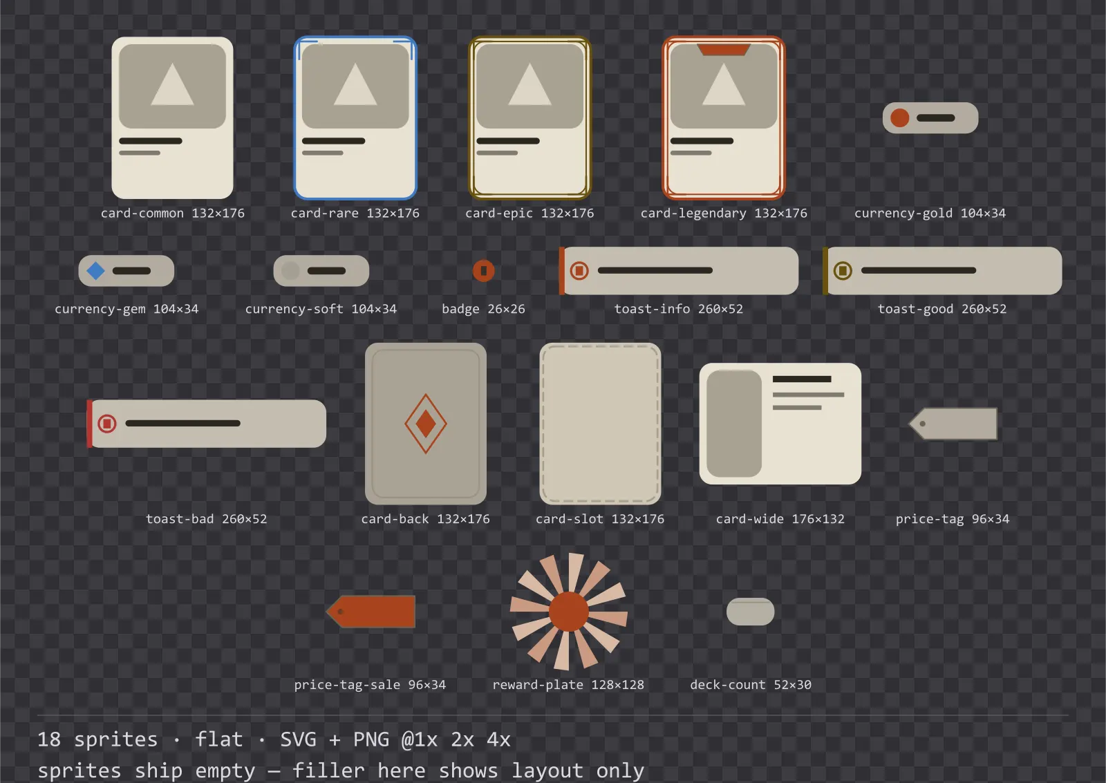 Sheet showing 18 flat card, currency and notification components from the Paper family, arranged on a transparency checkerboard with their pixel sizes printed underneath