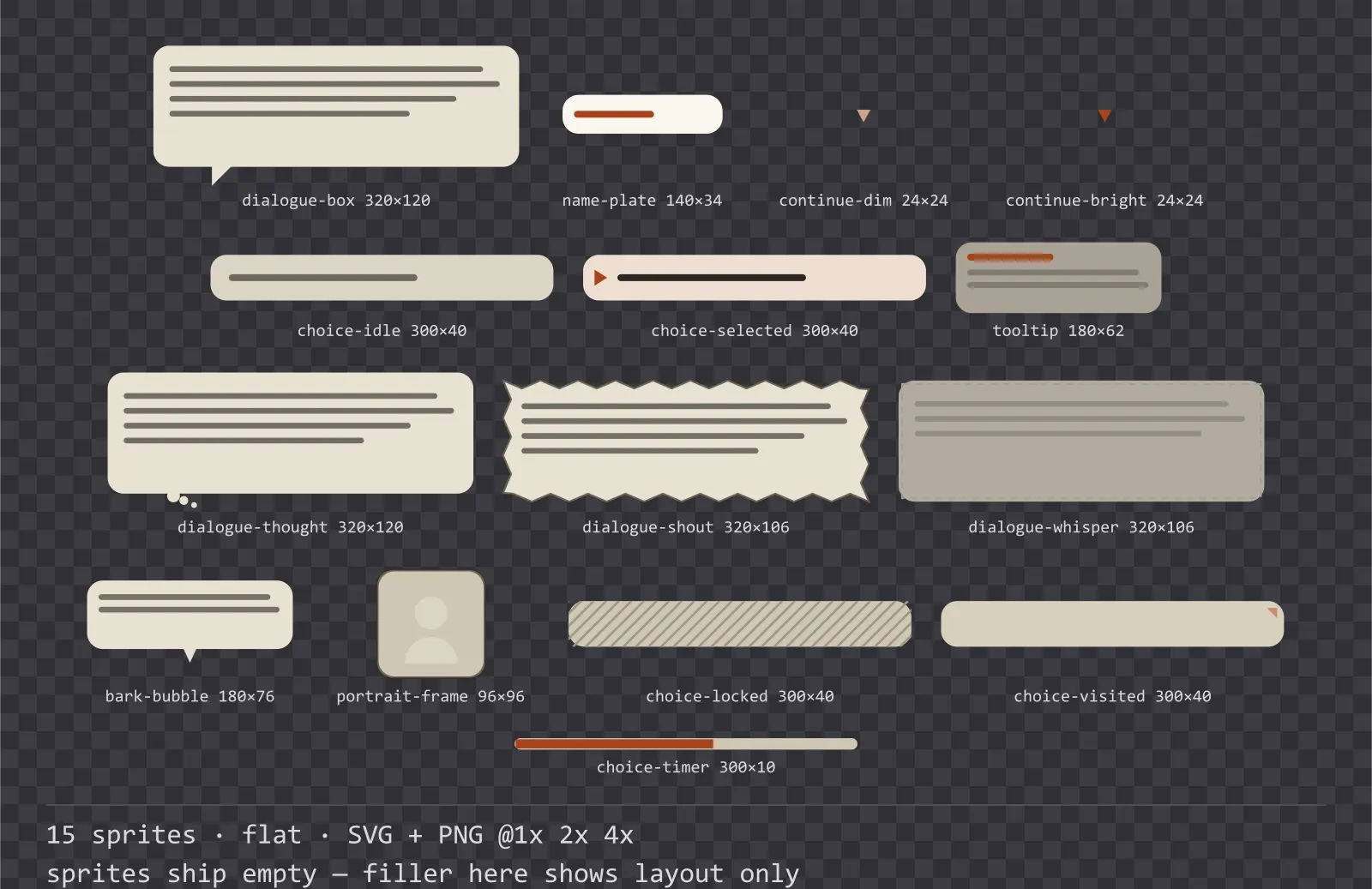 Sheet showing 15 flat dialogue components from the Paper family, arranged on a transparency checkerboard with their pixel sizes printed underneath