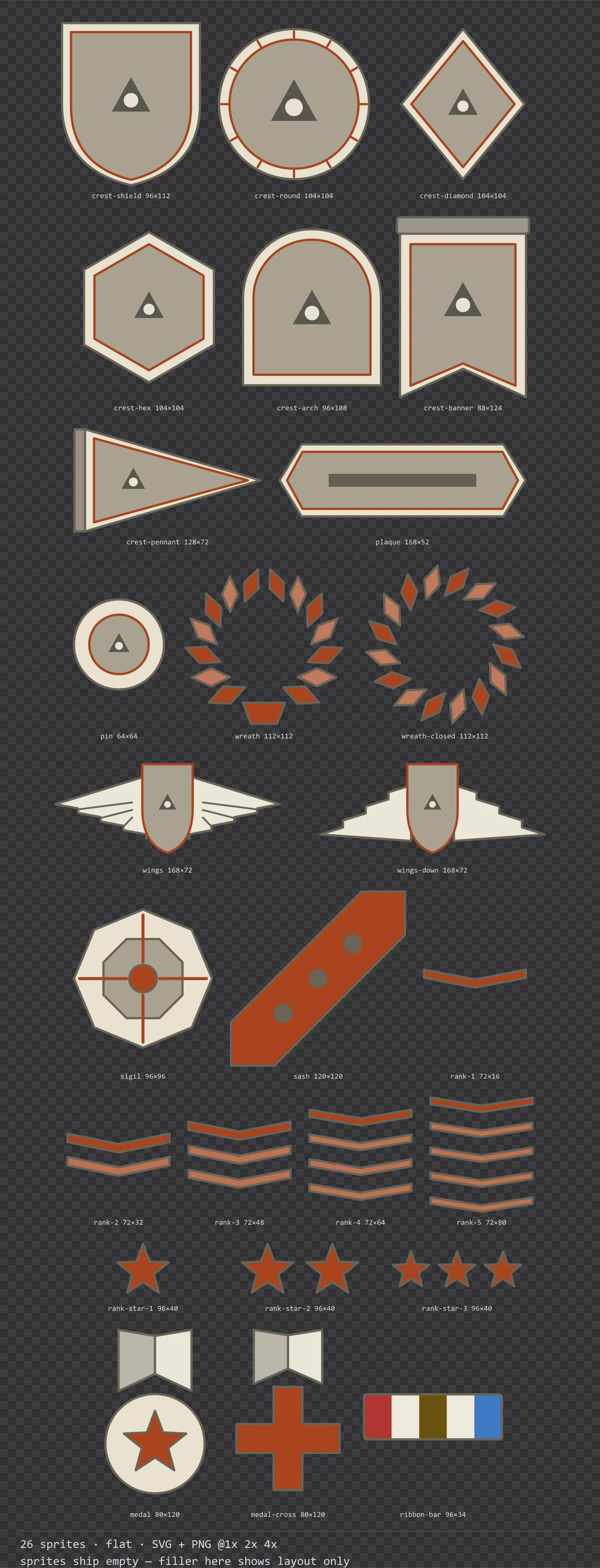 Sheet showing 26 flat crests, insignia and rank marks from the Paper family, arranged on a transparency checkerboard with their pixel sizes printed underneath