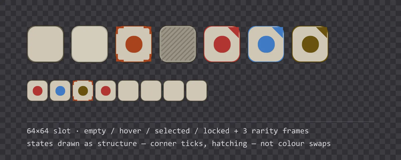 A row of square game inventory slots on a checkerboard background showing empty, hover, selected with corner ticks, and diagonally hatched locked states, followed by coloured rarity frames and a tiled eight-slot grid