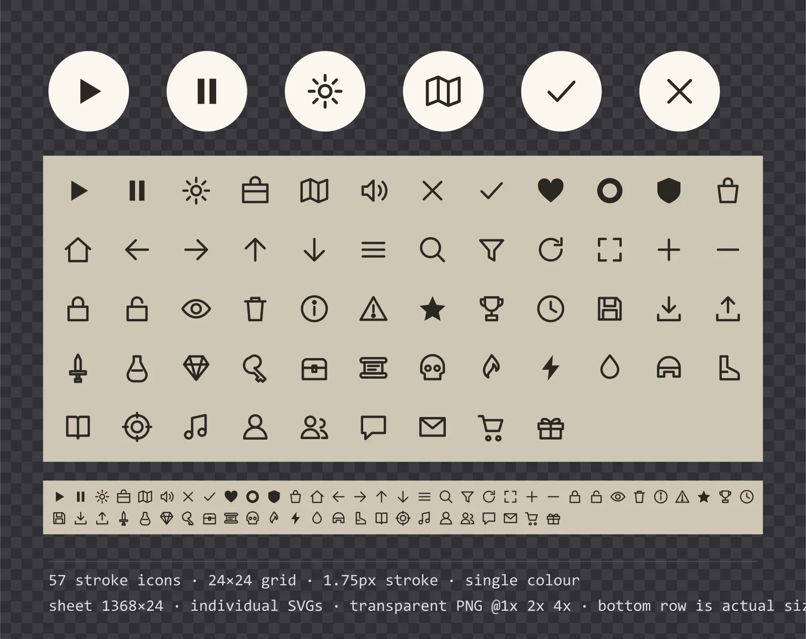 57 outlined game menu icons on light parchment tiles, shown large, laid out on a sheet grid, and again at actual 24 pixel size