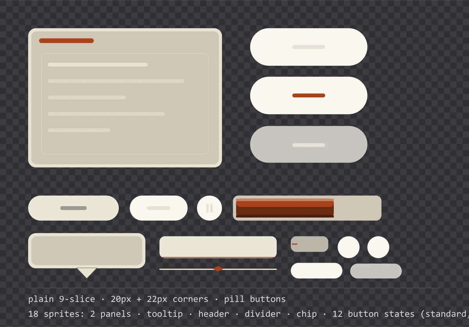 light parchment game menu panel with a rust red title strip and a recessed list area, next to a column showing the same pill button in default, outlined hover and pushed-in pressed states