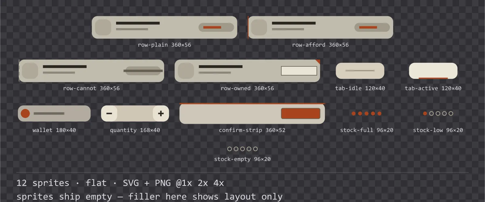 Sheet showing 12 flat shop and economy widgets from the Paper family, arranged on a transparency checkerboard with their pixel sizes printed underneath