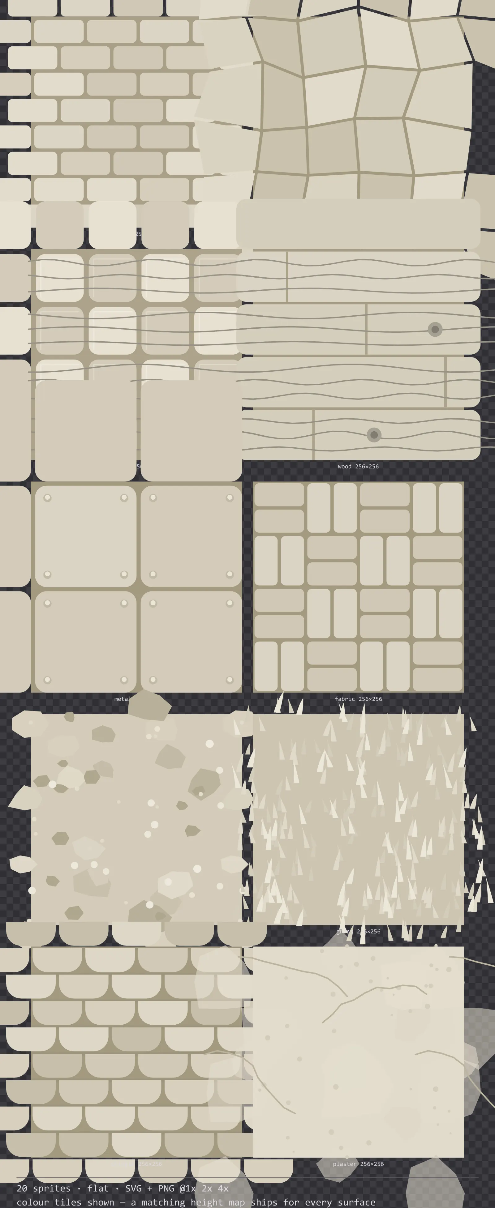Sheet showing 20 flat tiling surface textures from the Paper family, arranged on a transparency checkerboard with their pixel sizes printed underneath