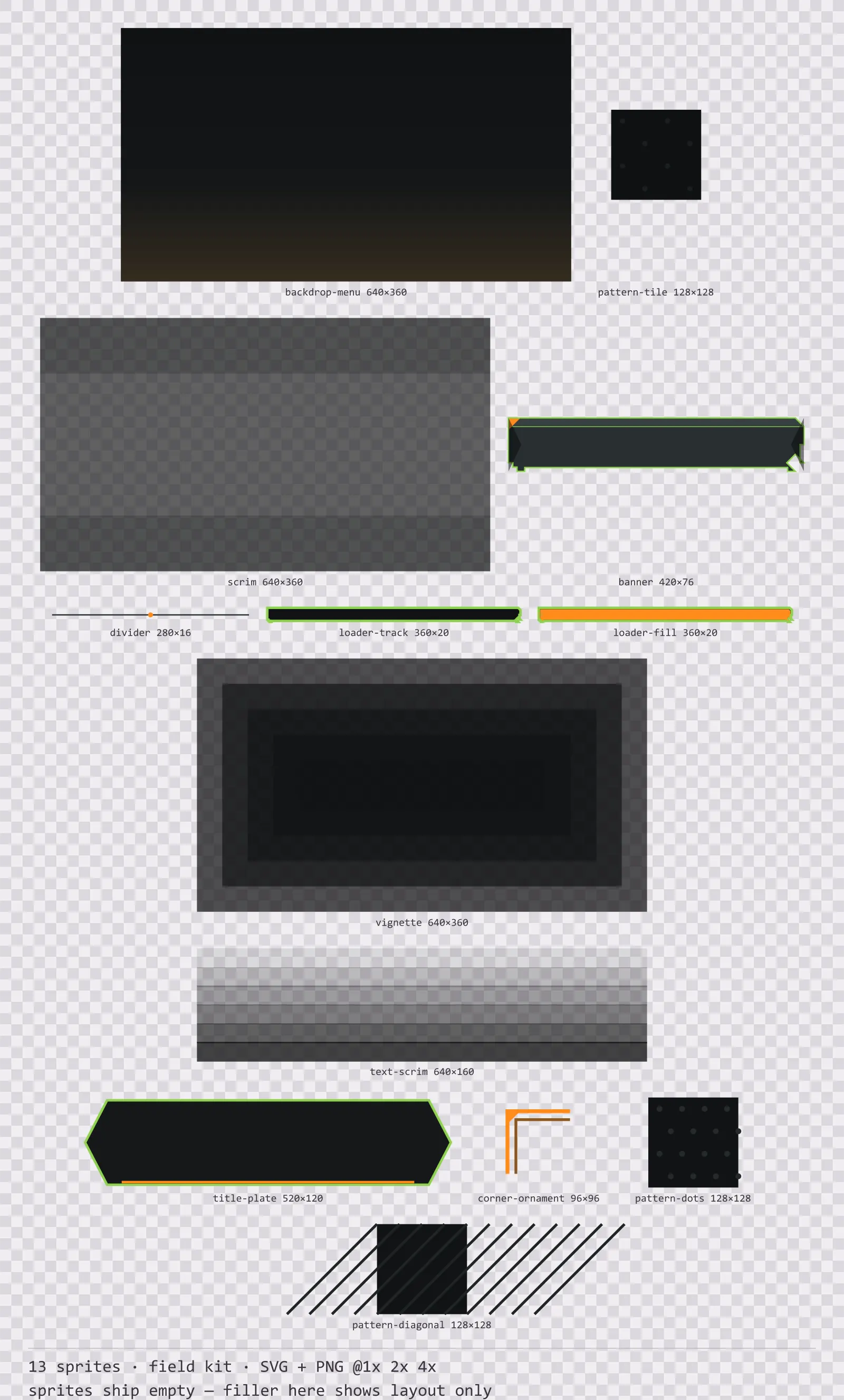 Sheet showing 13 field kit background and overlay pieces from the Recon family, arranged on a transparency checkerboard with their pixel sizes printed underneath