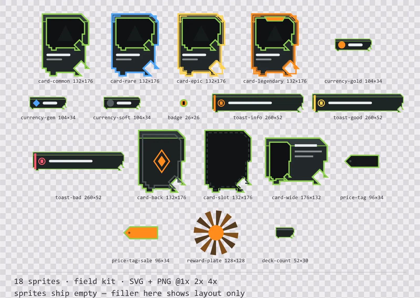 Sheet showing 18 field kit card, currency and notification components from the Recon family, arranged on a transparency checkerboard with their pixel sizes printed underneath