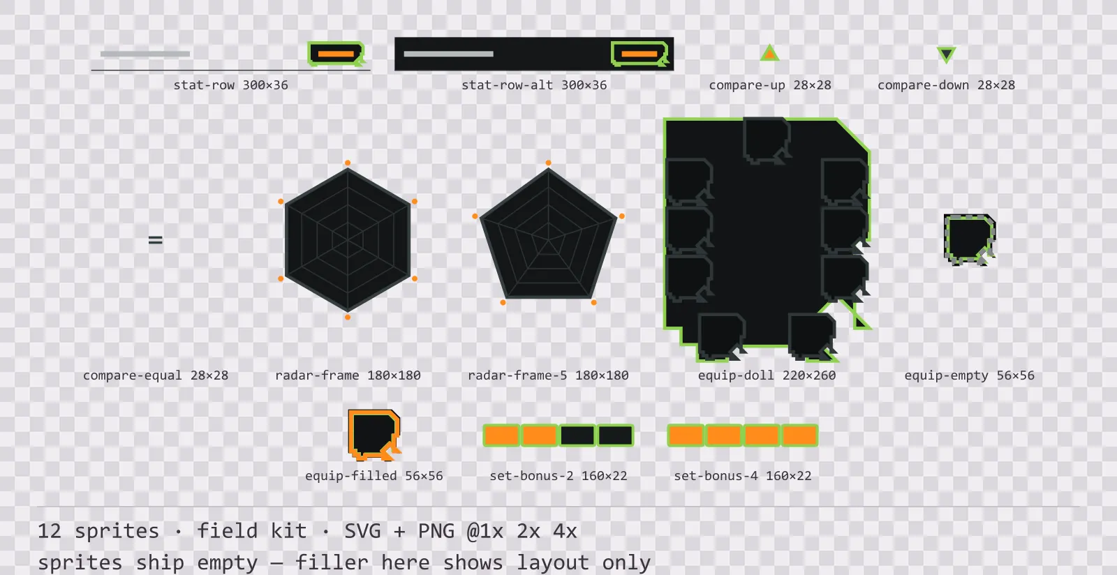 Sheet showing 12 field kit character sheet and stat widgets from the Recon family, arranged on a transparency checkerboard with their pixel sizes printed underneath
