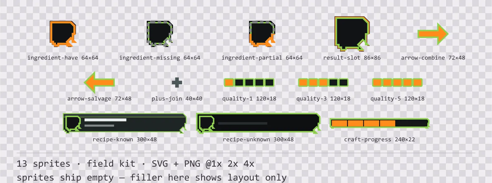 Sheet showing 13 field kit crafting and recipe widgets from the Recon family, arranged on a transparency checkerboard with their pixel sizes printed underneath