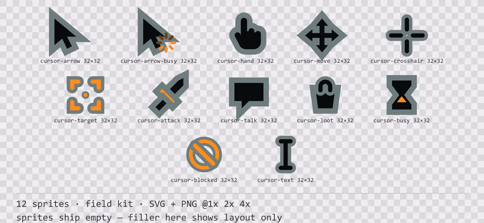 Sheet showing 12 field kit mouse cursors from the Recon family, arranged on a transparency checkerboard with their pixel sizes printed underneath