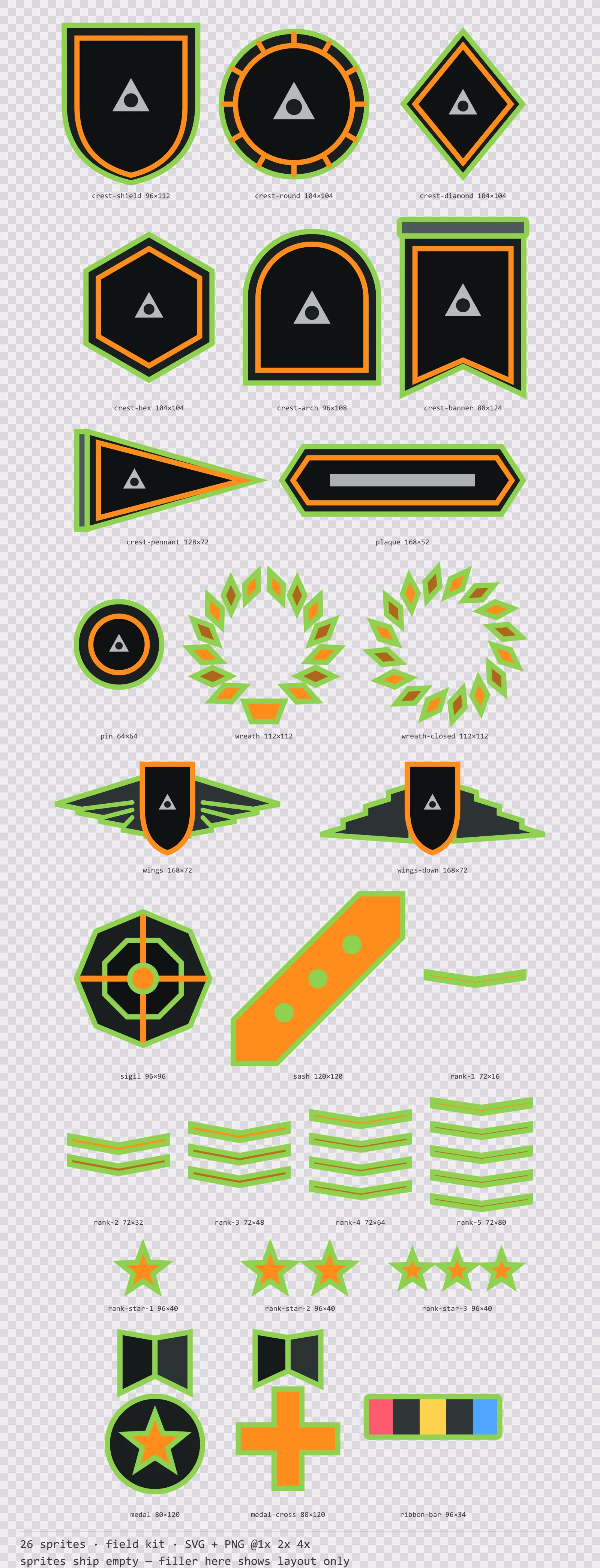 Sheet showing 26 field kit crests, insignia and rank marks from the Recon family, arranged on a transparency checkerboard with their pixel sizes printed underneath