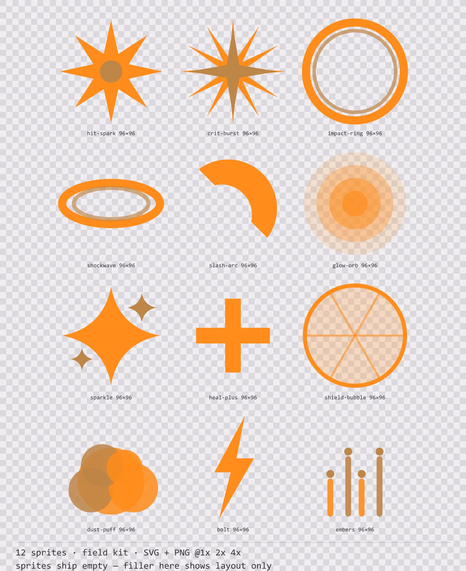 Sheet showing 12 field kit impact and effect sprites from the Recon family, arranged on a transparency checkerboard with their pixel sizes printed underneath