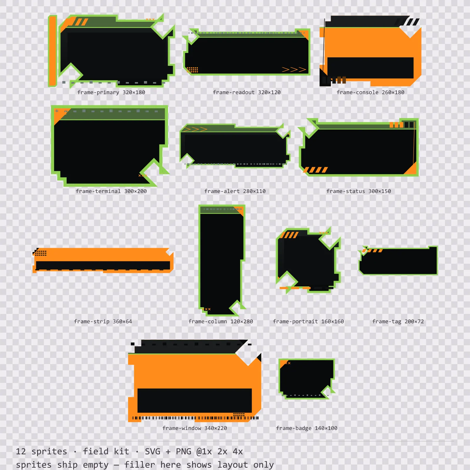 Sheet showing 12 field kit HUD frames from the Recon family, arranged on a transparency checkerboard with their pixel sizes printed underneath