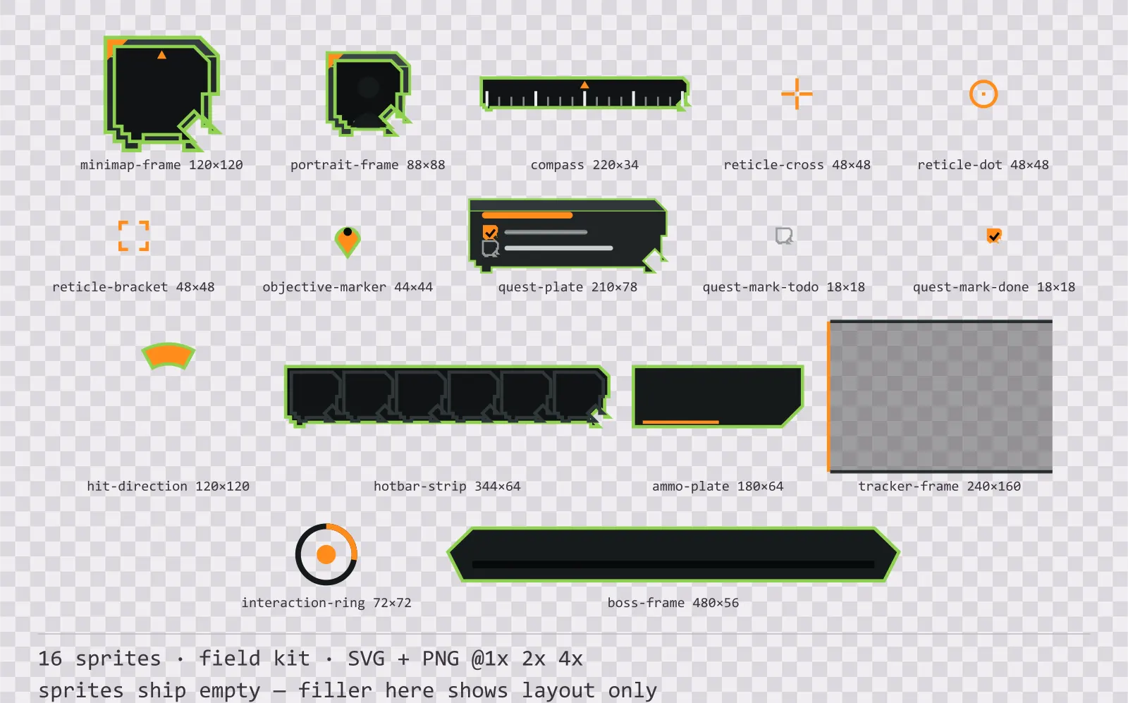 Sheet showing 16 field kit heads-up display frames from the Recon family, arranged on a transparency checkerboard with their pixel sizes printed underneath