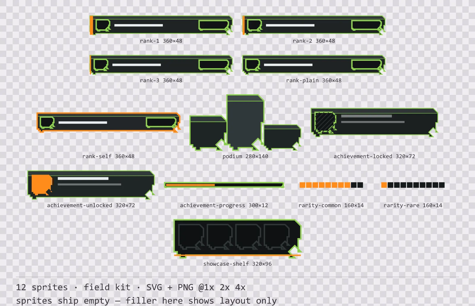 Sheet showing 12 field kit leaderboard and achievement widgets from the Recon family, arranged on a transparency checkerboard with their pixel sizes printed underneath