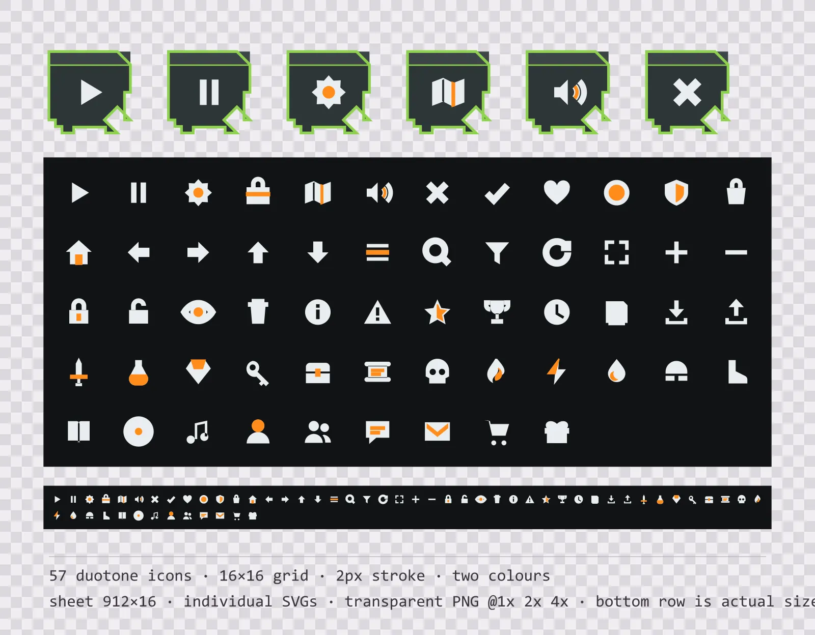 57 two-tone game menu icons on night optics tiles, shown large, laid out on a sheet grid, and again at actual 16 pixel size