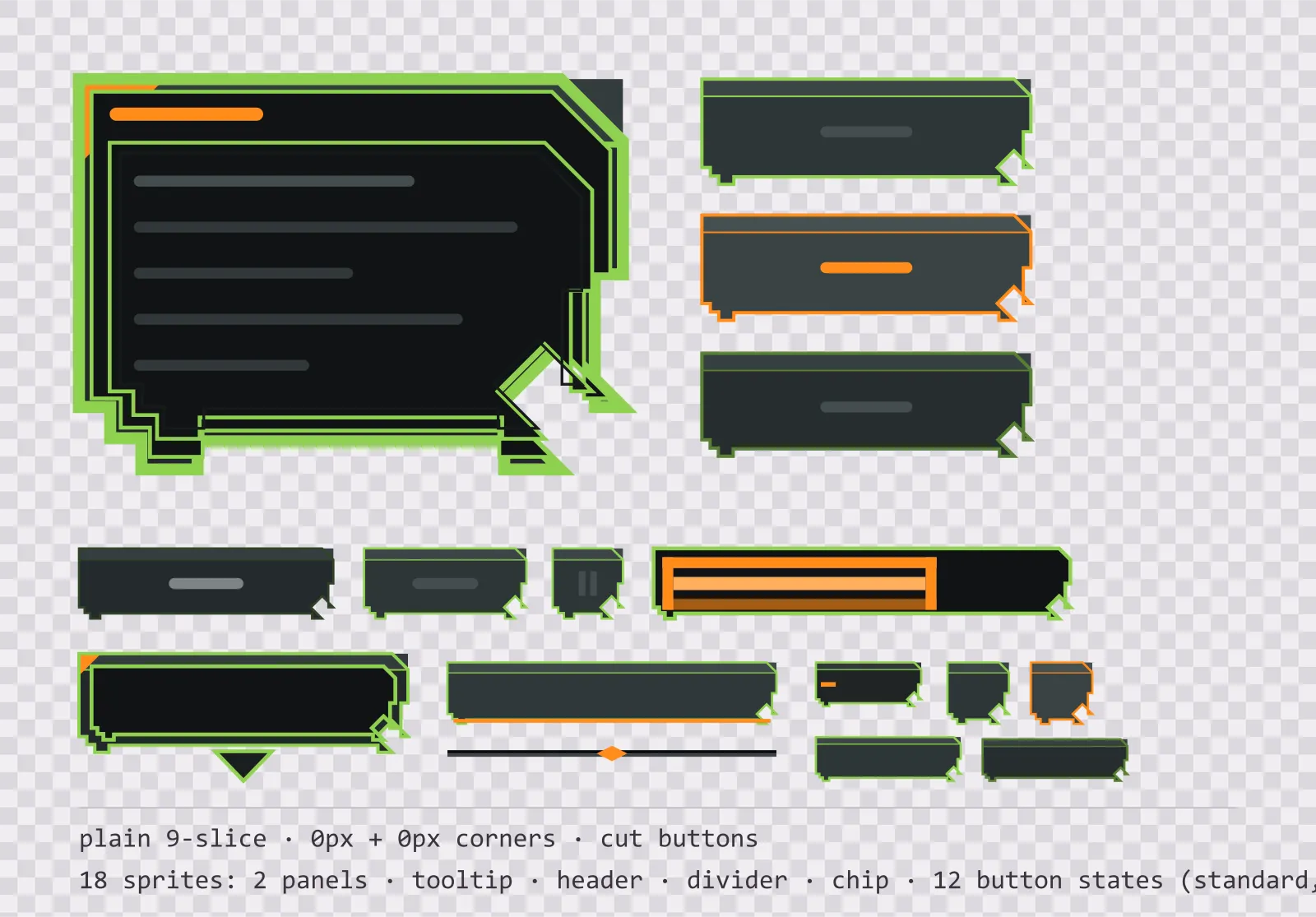 night optics game menu panel with a flare orange title strip and a recessed list area, next to a column showing the same chamfered button in default, outlined hover and pushed-in pressed states