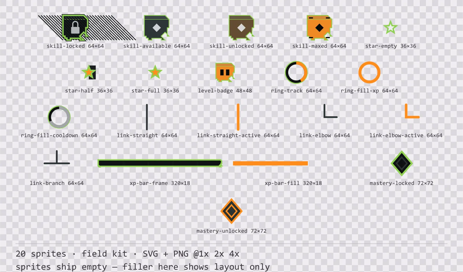 Sheet showing 20 field kit progression and reward components from the Recon family, arranged on a transparency checkerboard with their pixel sizes printed underneath