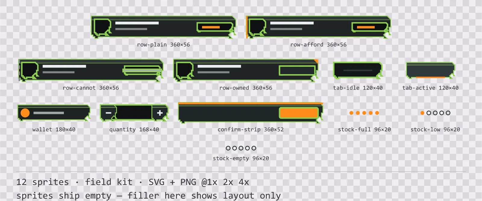Sheet showing 12 field kit shop and economy widgets from the Recon family, arranged on a transparency checkerboard with their pixel sizes printed underneath