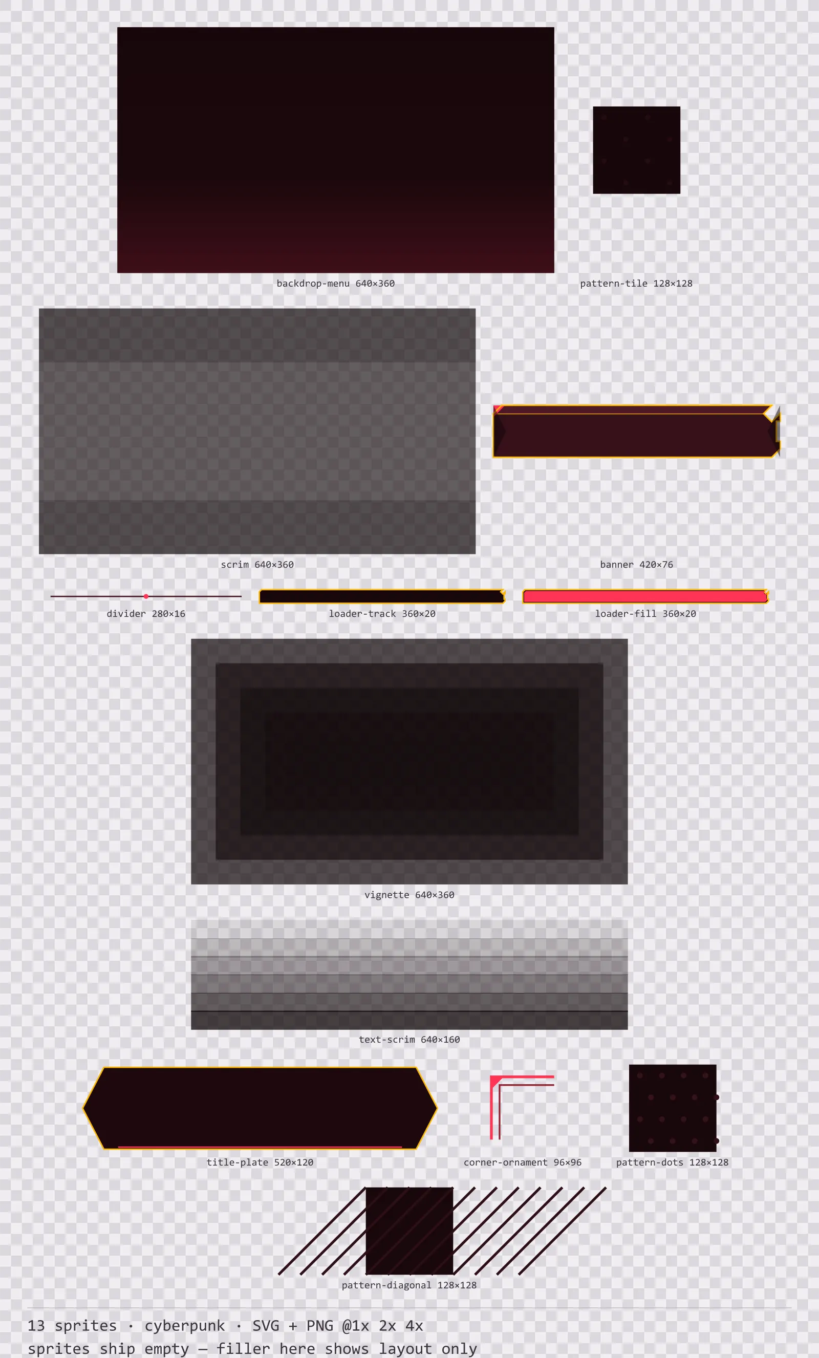 Sheet showing 13 cyberpunk background and overlay pieces from the Redline family, arranged on a transparency checkerboard with their pixel sizes printed underneath