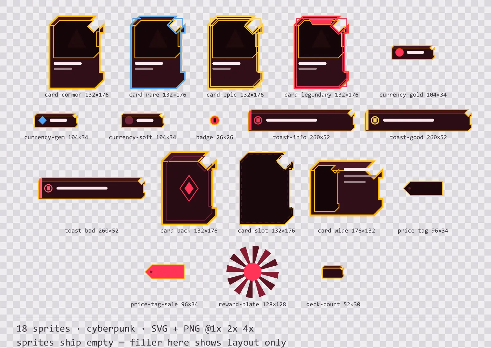 Sheet showing 18 cyberpunk card, currency and notification components from the Redline family, arranged on a transparency checkerboard with their pixel sizes printed underneath