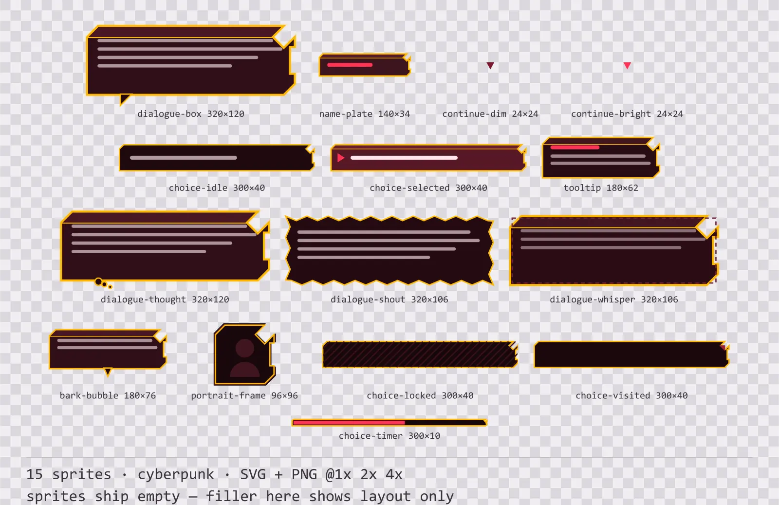 Sheet showing 15 cyberpunk dialogue components from the Redline family, arranged on a transparency checkerboard with their pixel sizes printed underneath