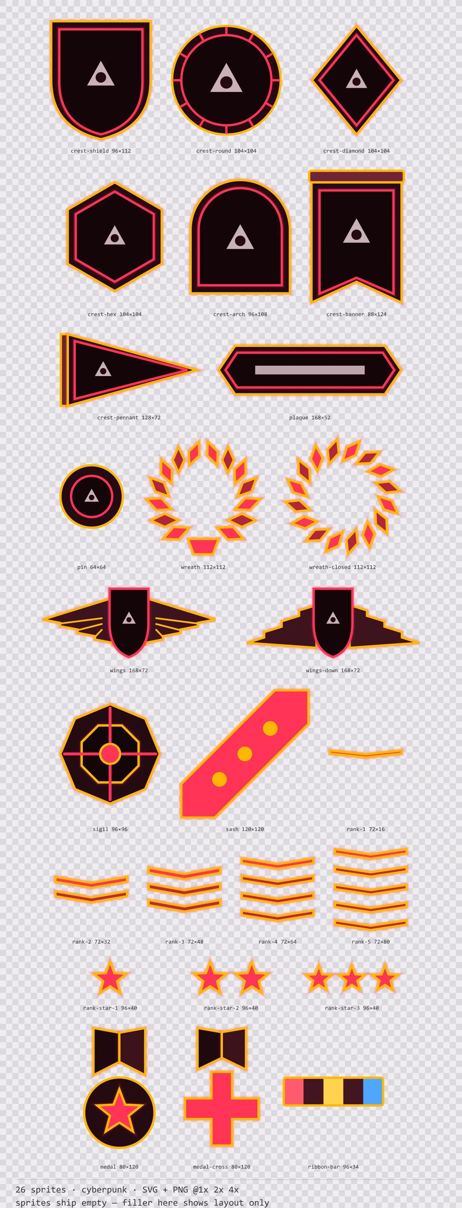 Sheet showing 26 cyberpunk crests, insignia and rank marks from the Redline family, arranged on a transparency checkerboard with their pixel sizes printed underneath