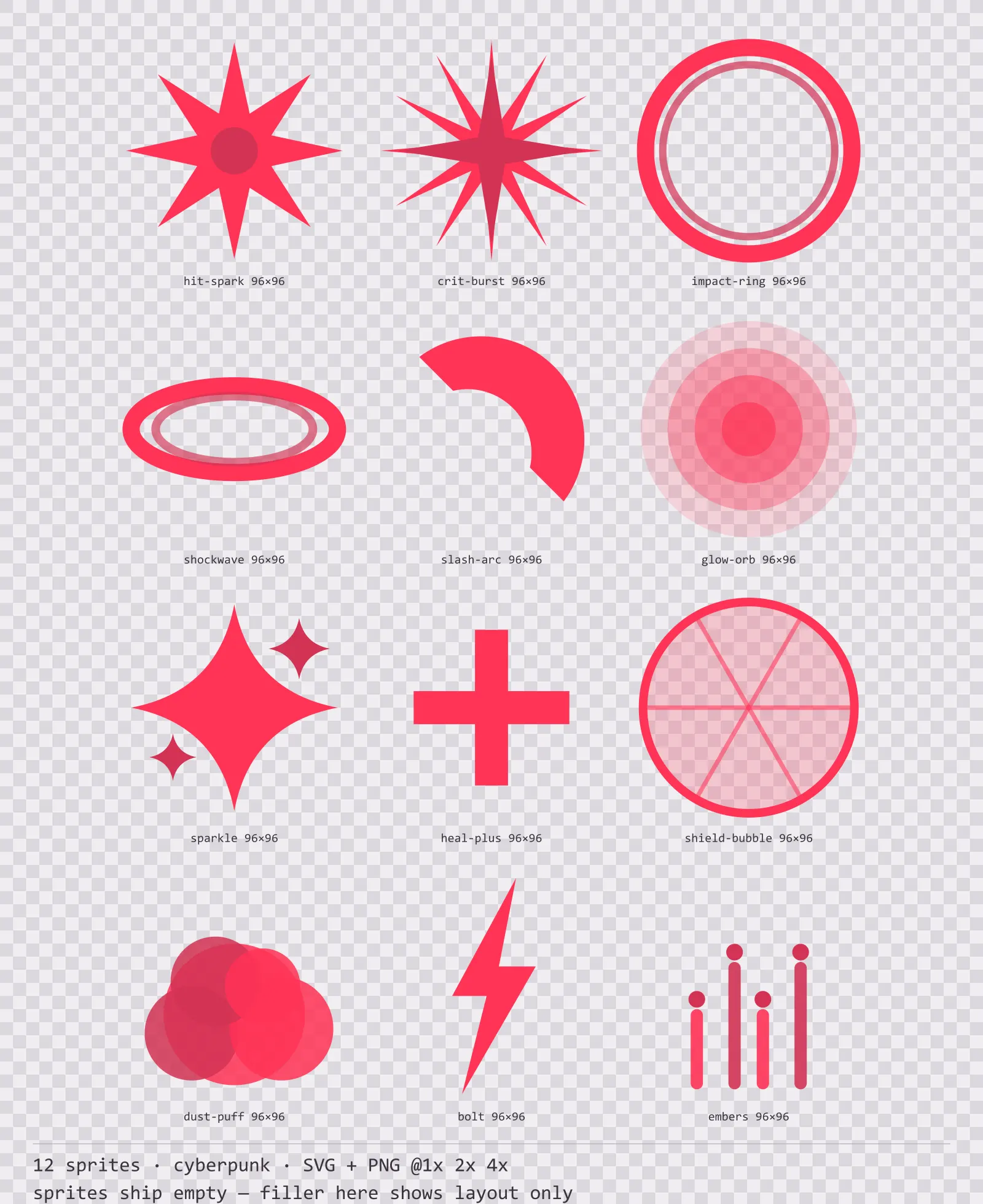 Sheet showing 12 cyberpunk impact and effect sprites from the Redline family, arranged on a transparency checkerboard with their pixel sizes printed underneath