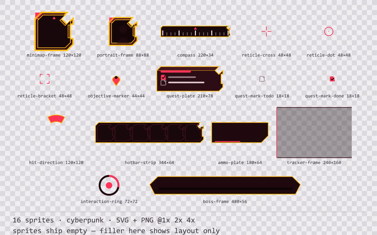 Sheet showing 16 cyberpunk heads-up display frames from the Redline family, arranged on a transparency checkerboard with their pixel sizes printed underneath
