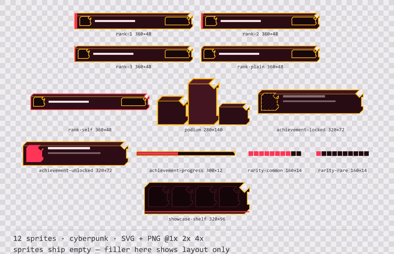Sheet showing 12 cyberpunk leaderboard and achievement widgets from the Redline family, arranged on a transparency checkerboard with their pixel sizes printed underneath