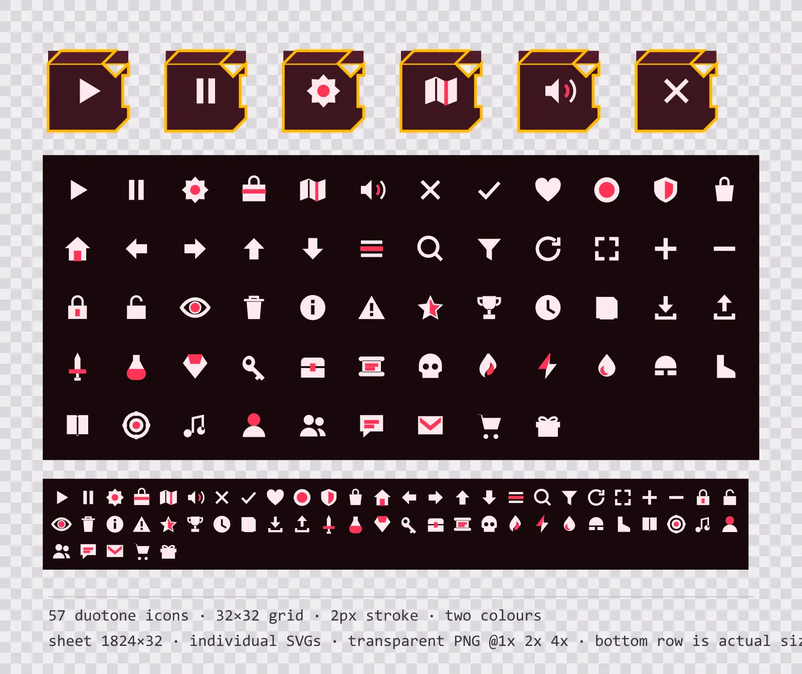 57 two-tone game menu icons on alarm red tiles, shown large, laid out on a sheet grid, and again at actual 32 pixel size
