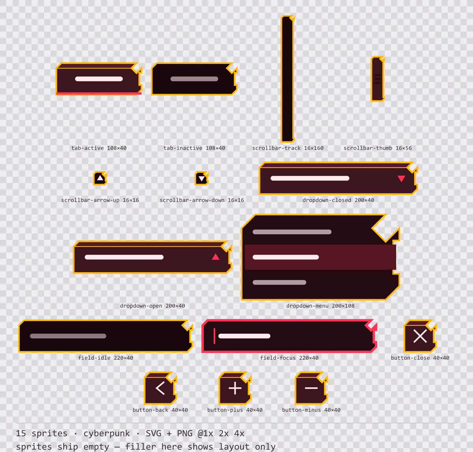 Sheet showing 15 cyberpunk navigation and input components from the Redline family, arranged on a transparency checkerboard with their pixel sizes printed underneath