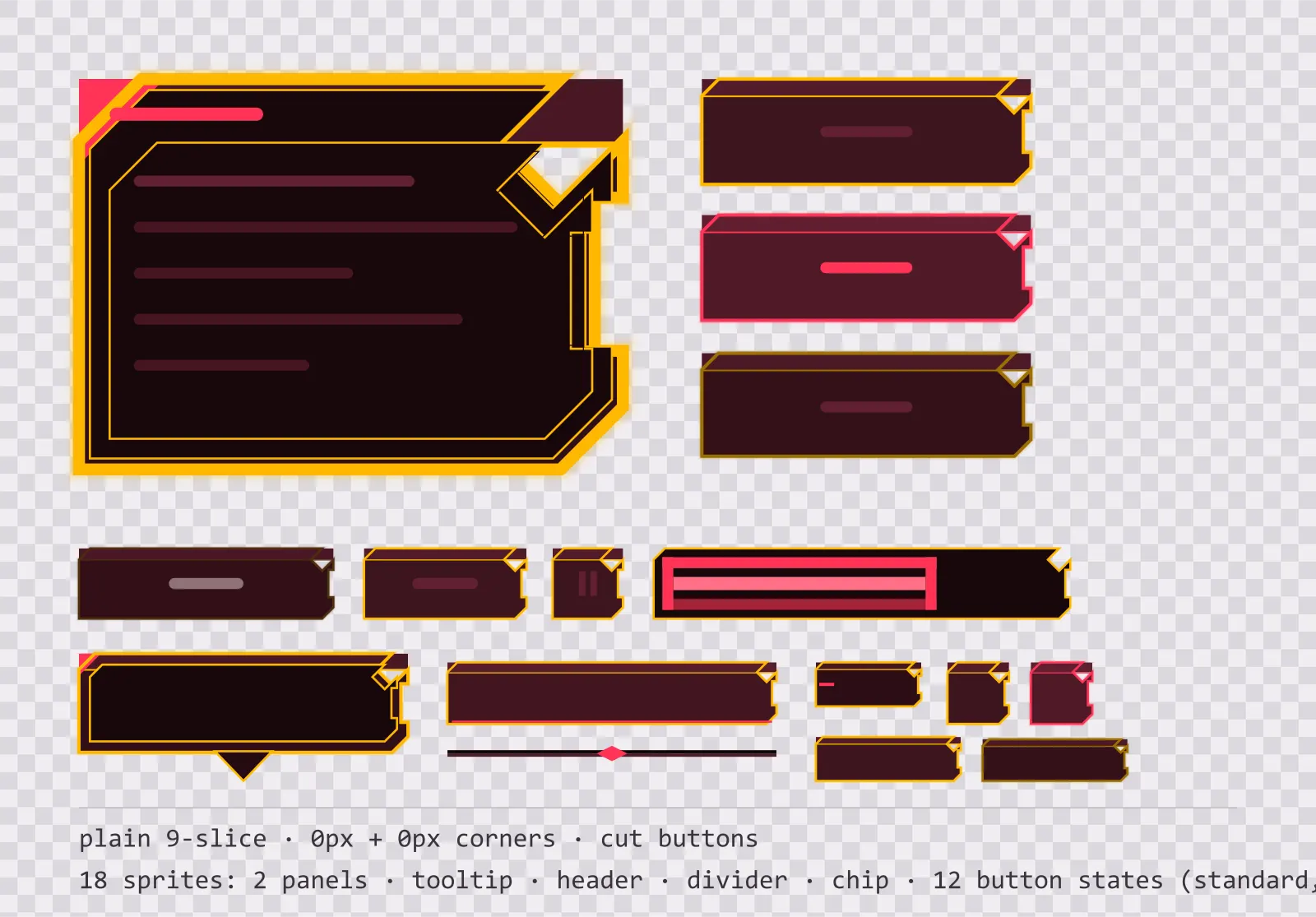 alarm red game menu panel with a warning amber title strip and a recessed list area, next to a column showing the same chamfered button in default, outlined hover and pushed-in pressed states