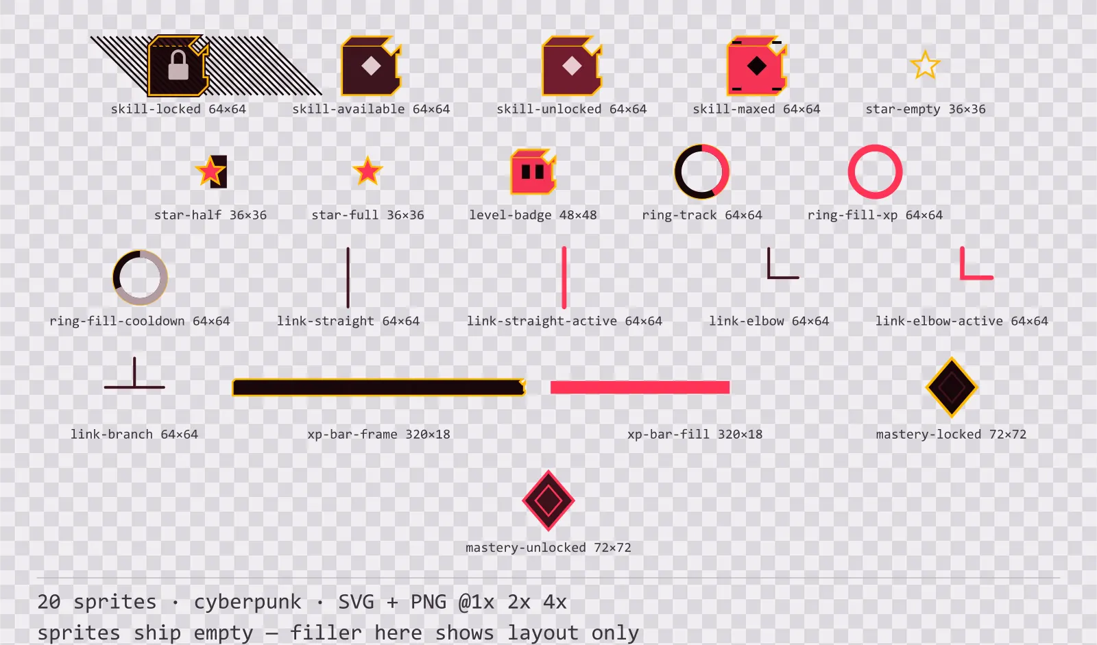 Sheet showing 20 cyberpunk progression and reward components from the Redline family, arranged on a transparency checkerboard with their pixel sizes printed underneath