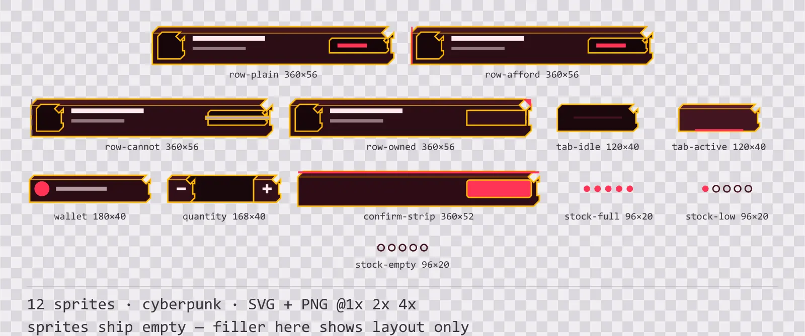 Sheet showing 12 cyberpunk shop and economy widgets from the Redline family, arranged on a transparency checkerboard with their pixel sizes printed underneath