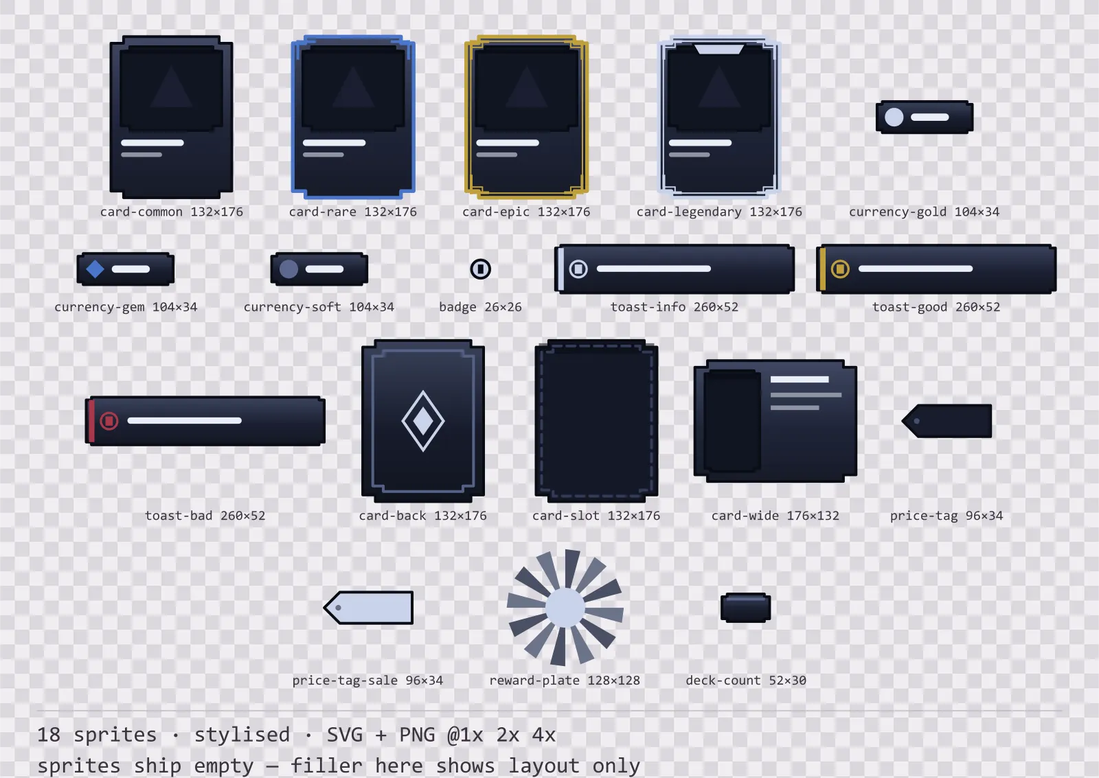 Sheet showing 18 stylised card, currency and notification components from the Reliquary family, arranged on a transparency checkerboard with their pixel sizes printed underneath