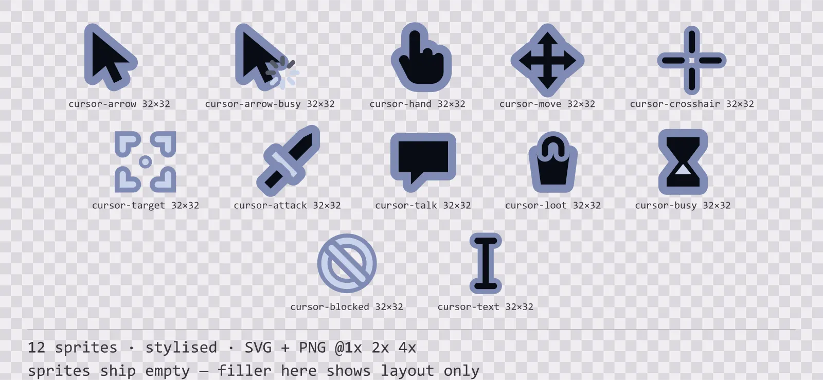 Sheet showing 12 stylised mouse cursors from the Reliquary family, arranged on a transparency checkerboard with their pixel sizes printed underneath