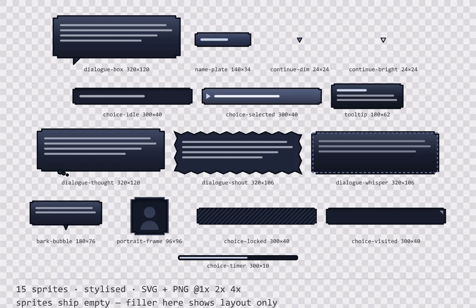 Sheet showing 15 stylised dialogue components from the Reliquary family, arranged on a transparency checkerboard with their pixel sizes printed underneath