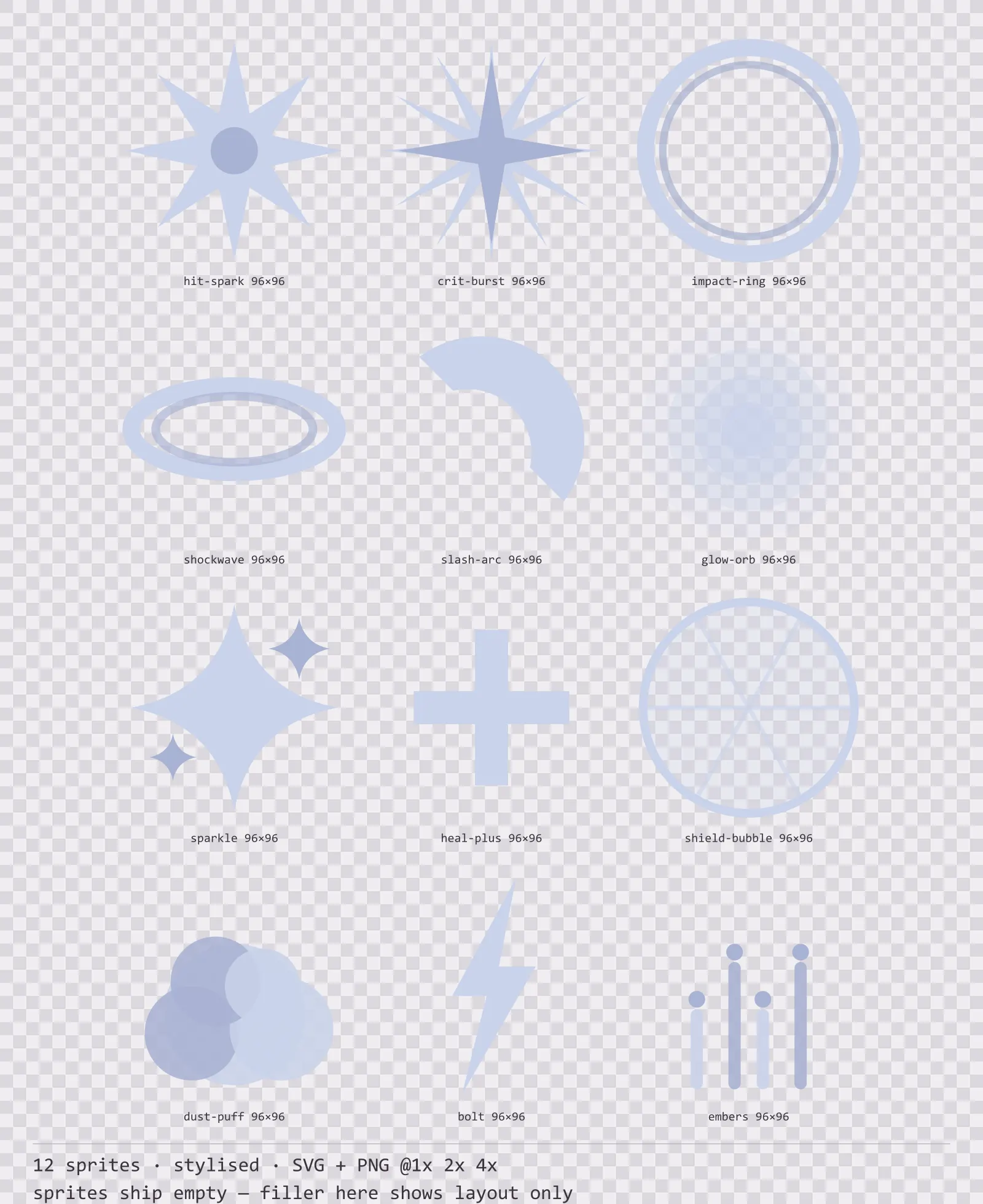 Sheet showing 12 stylised impact and effect sprites from the Reliquary family, arranged on a transparency checkerboard with their pixel sizes printed underneath